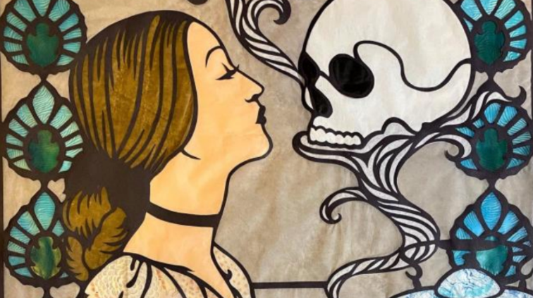 image of woman kissing skull